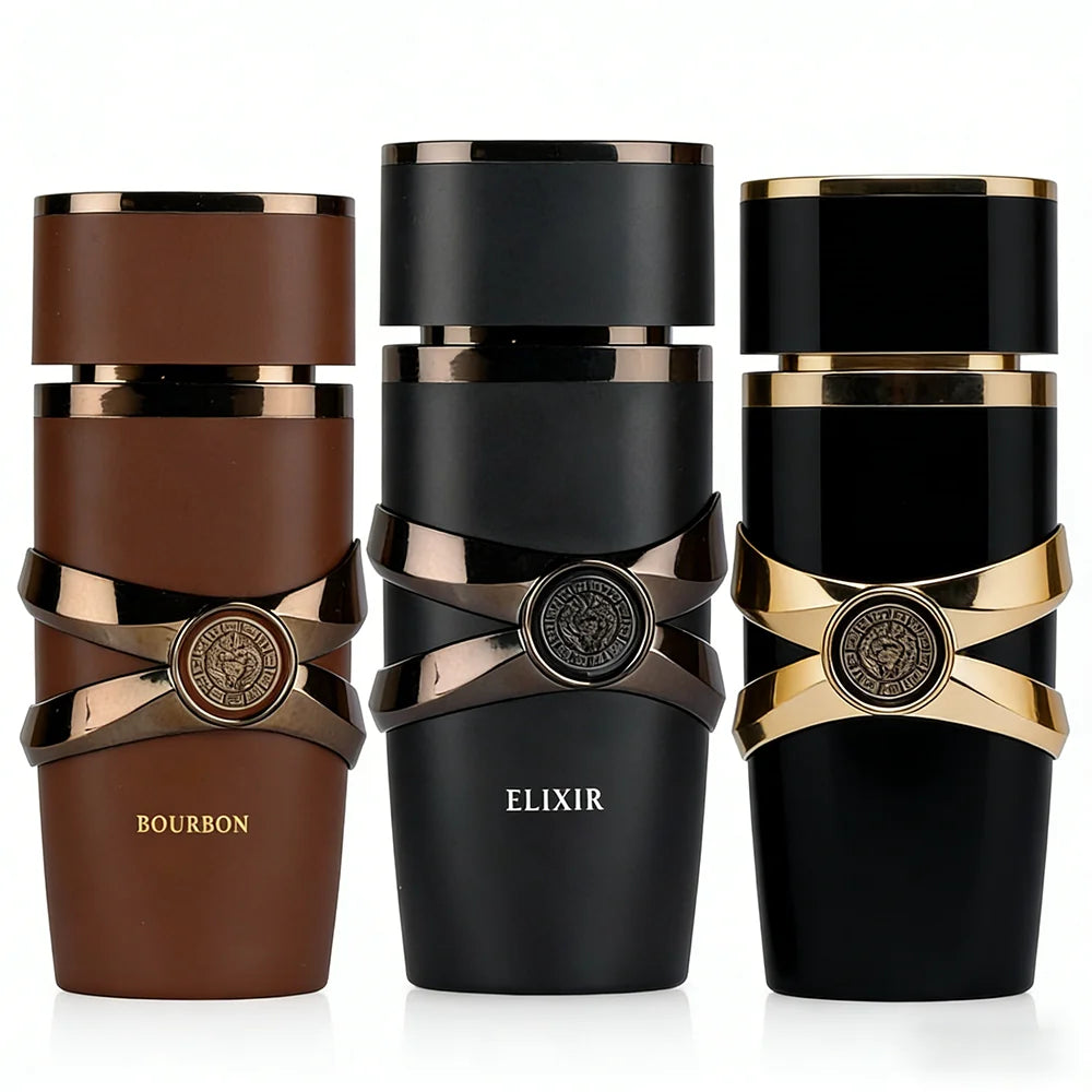 Kit Exclusivo Lattafa Trio de Ouro - Asad + Bourbon + Elixir - 3x 100ml